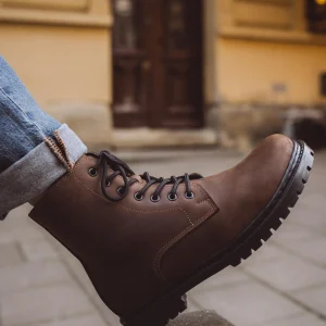Mens Brown Leather Work Boots Fur Lined Combat